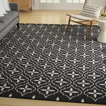 6' X 9' Black And Ivory Geometric Indoor Outdoor Area Rug