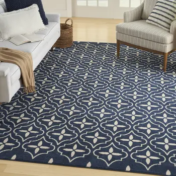 6' X 9' Navy Blue And Ivory Geometric Indoor Outdoor Area Rug