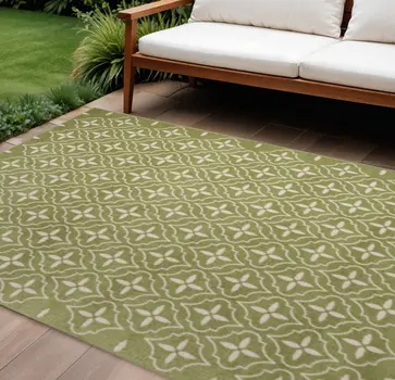 6' X 9' Green And Ivory Geometric Indoor Outdoor Area Rug