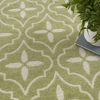 6' X 9' Green And Ivory Geometric Indoor Outdoor Area Rug