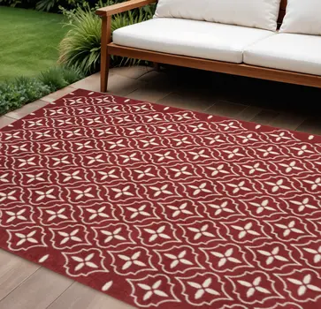 6' X 9' Brick Red And Ivory Geometric Indoor Outdoor Area Rug