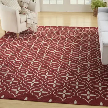 6' X 9' Brick Red And Ivory Geometric Indoor Outdoor Area Rug