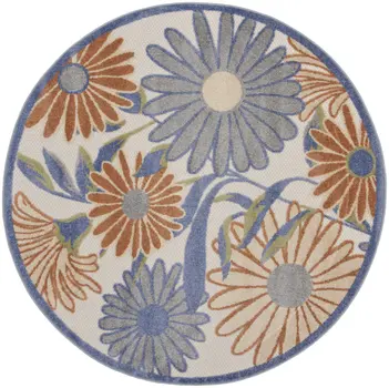 8' Beige Round Floral Indoor Outdoor Area Rug