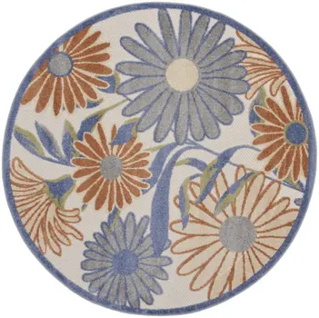 8' Beige Round Floral Indoor Outdoor Area Rug