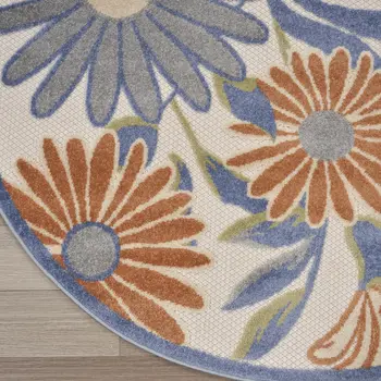 8' Beige Round Floral Indoor Outdoor Area Rug