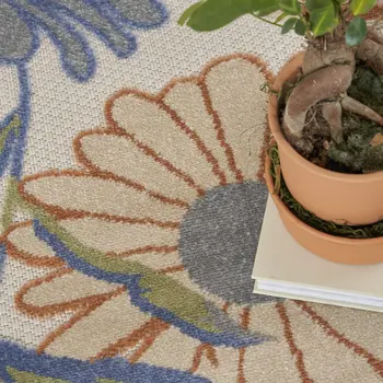 8' Beige Round Floral Indoor Outdoor Area Rug