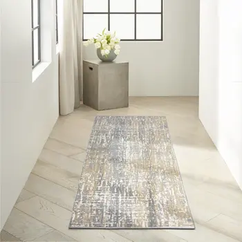 7' Gray Abstract Power Loom Runner Rug