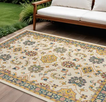 8' X 10' Ivory And Gold Floral Indoor Outdoor Area Rug