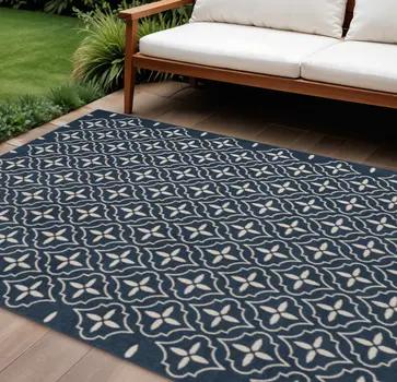 8' X 10' Navy Blue And Ivory Geometric Indoor Outdoor Area Rug