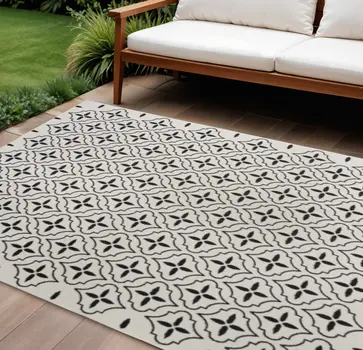 8' X 10' Ivory And Black Geometric Indoor Outdoor Area Rug