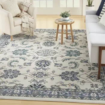 9' X 12' Ivory And Blue Floral Indoor Outdoor Area Rug