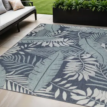 10' X 14' Navy Blue Floral Indoor Outdoor Area Rug