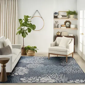 9' X 12' Navy Blue Floral Indoor Outdoor Area Rug