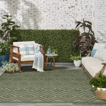 10' X 14' Green Geometric Indoor Outdoor Area Rug