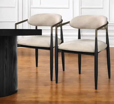 Set of Two Beige And Black Upholstered Fabric Open Back Dining Arm Chairs