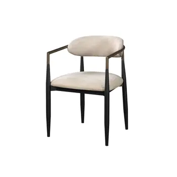 Set of Two Beige And Black Upholstered Fabric Open Back Dining Arm Chairs