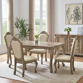 Set of Two Antiqued White Upholstered Faux Leather Dining Side Chairs