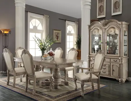 Set of Two Antiqued White Upholstered Faux Leather Dining Side Chairs
