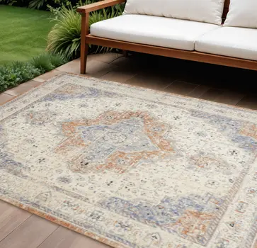 10' X 14' Beige And Blue Floral Indoor Outdoor Area Rug