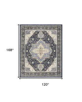 10' X 14' Navy Blue Floral Indoor Outdoor Area Rug