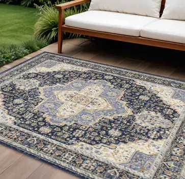 10' X 14' Navy Blue Floral Indoor Outdoor Area Rug