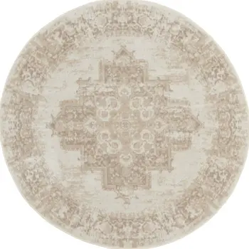 4' Ivory Floral Power Loom Worn Faded Round Rug