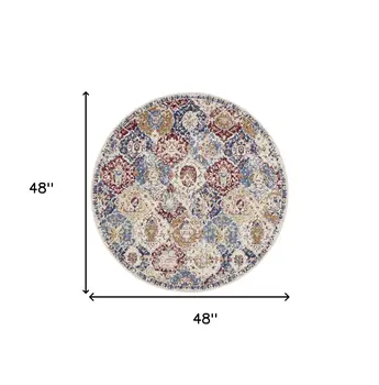 4' Ivory Red and Blue Ogee Distressed Round Rug