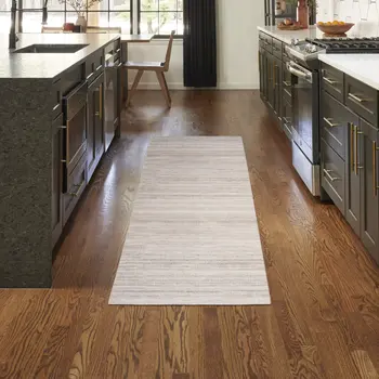6' Ivory and Light Brown Abstract Washable Runner Rug