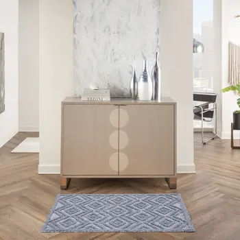 2' X 4' Denim Blue And Ivory Geometric Indoor Outdoor Area Rug