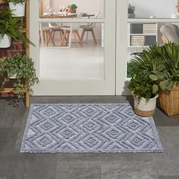 2' X 4' Denim Blue And Ivory Geometric Indoor Outdoor Area Rug