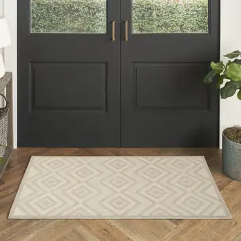 2' X 4' Cream And Beige Geometric Indoor Outdoor Area Rug