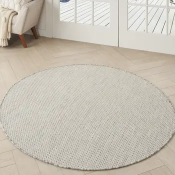 4' Ivory And Silver Round Geometric Indoor Outdoor Area Rug