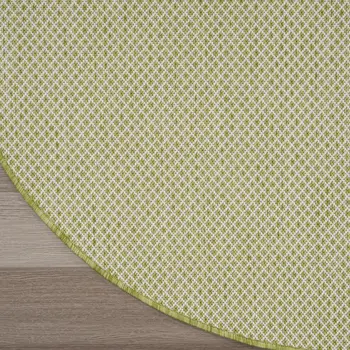 4' Ivory And Green Round Geometric Indoor Outdoor Area Rug