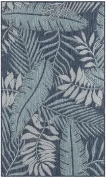2' X 3' Navy Blue Sky Blue And Ivory Palm Leaf Indoor Outdoor Area Rug