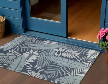 2' X 3' Navy Blue Sky Blue And Ivory Palm Leaf Indoor Outdoor Area Rug