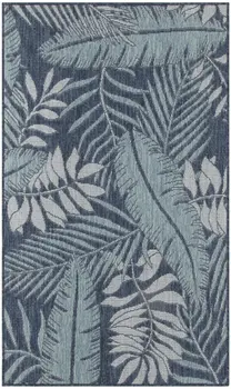 2' X 3' Navy Blue Sky Blue And Ivory Palm Leaf Indoor Outdoor Area Rug