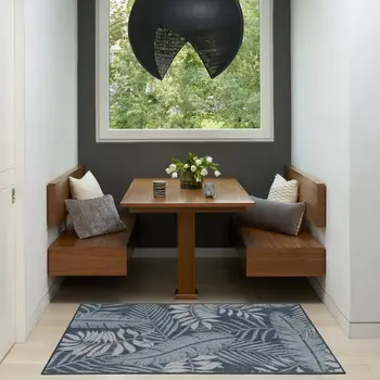 2' X 3' Navy Blue Sky Blue And Ivory Palm Leaf Indoor Outdoor Area Rug