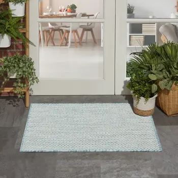 2' X 3' Aqua And Ivory Geometric Indoor Outdoor Area Rug