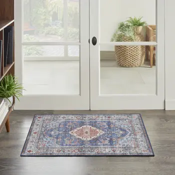 2' X 3' Ivory Red and Blue Oriental Distressed Non Skid Area Rug
