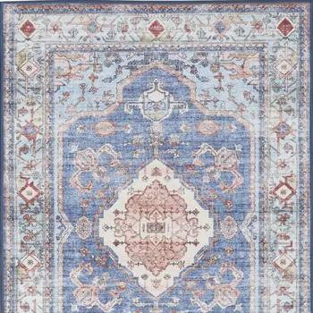 2' X 3' Ivory Red and Blue Oriental Distressed Non Skid Area Rug