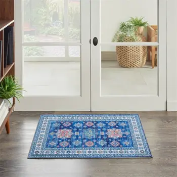 2' X 3' Ivory and Blue Oriental Distressed Non Skid Area Rug