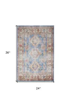 2' X 3' Ivory Red and Blue Oriental Distressed Non Skid Area Rug