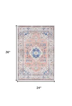 2' X 3' Ivory Blue and Coral Oriental Distressed Non Skid Area Rug