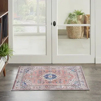 2' X 3' Ivory Blue and Coral Oriental Distressed Non Skid Area Rug