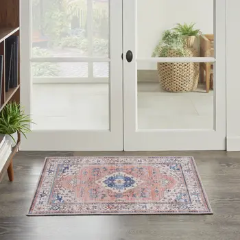 2' X 3' Ivory Blue and Coral Oriental Distressed Non Skid Area Rug