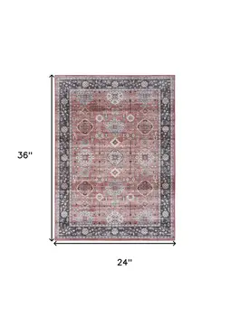 2' X 3' Brick Red and Black Oriental Distressed Non Skid Area Rug