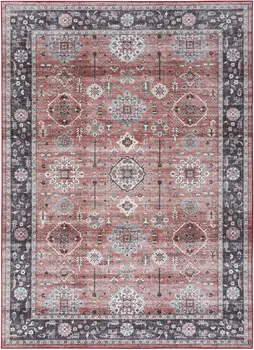 2' X 3' Brick Red and Black Oriental Distressed Non Skid Area Rug