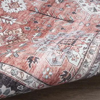 2' X 3' Brick Red and Black Oriental Distressed Non Skid Area Rug