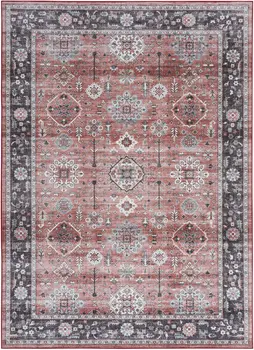 2' X 3' Brick Red and Black Oriental Distressed Non Skid Area Rug