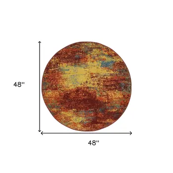 4' Flame Yellow And Orange Round Abstract Indoor Outdoor Area Rug